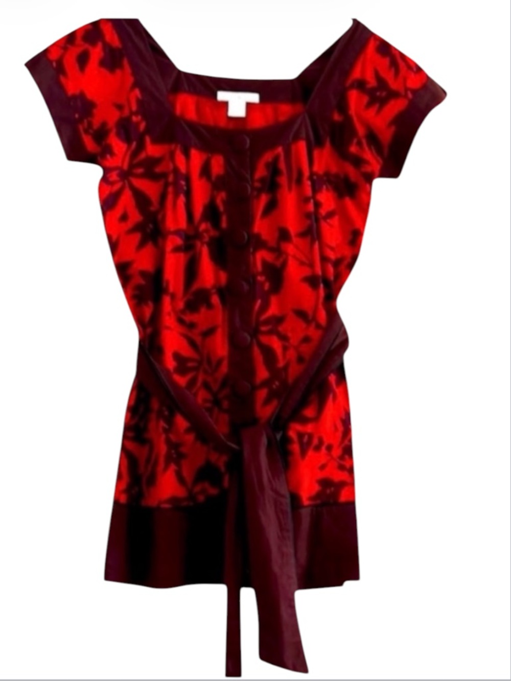 VTG Y2K Charlotte Russe Red Brown Floral Mini Dress M Pockets Tie Waist